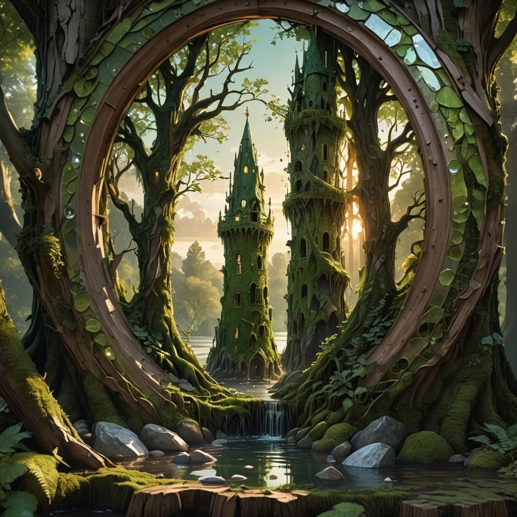 Luminous Green Tower on River Delta