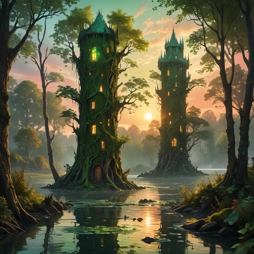 Mysterious Green Tower on River Delta: Photorealistic Concep...