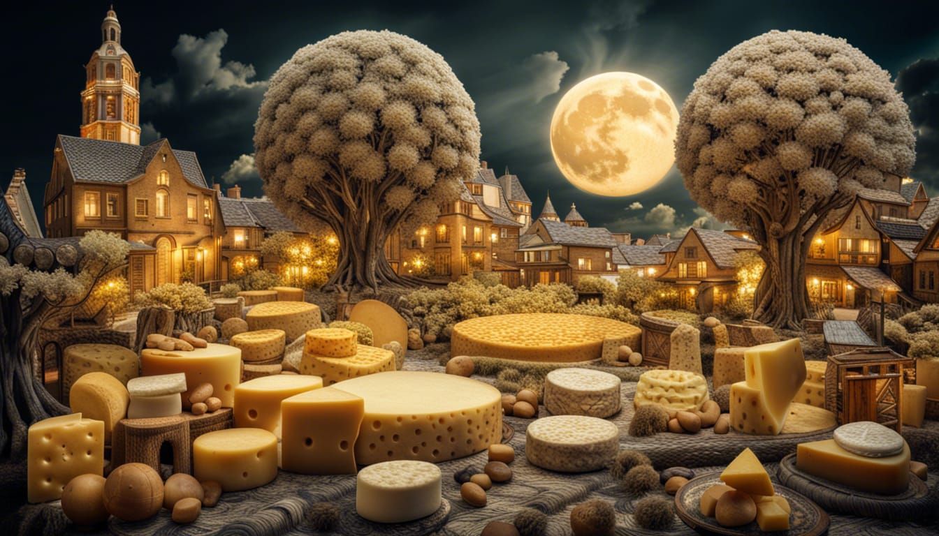 Hyperrealistic Cheese City with Giant Cheese Moon