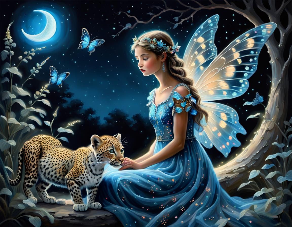 Leopard Cub and Fairy in Impressionist Style