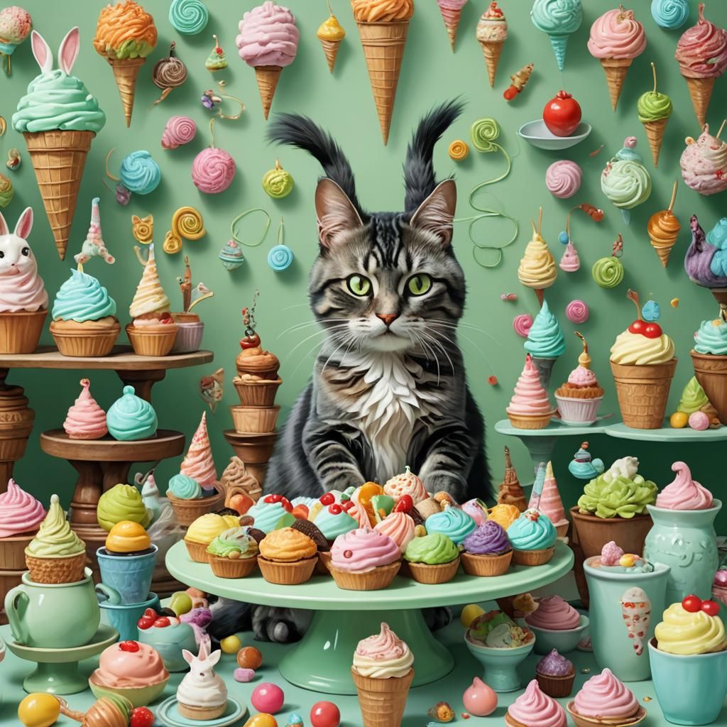 Bonsai Cat in Ice Cream Cup, Impressionist Style