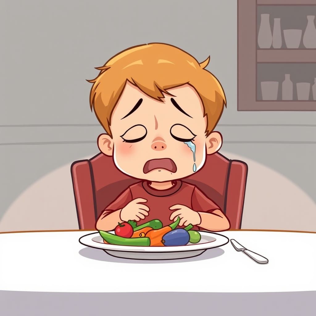Cartoon of a Crying Boy at Dinner Table