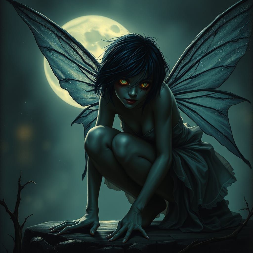 Creepy Dark Fairy Crouching in Moonlight: Masterpiece Art