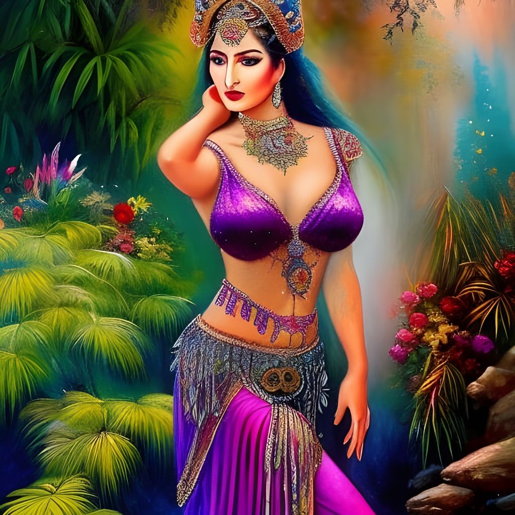 Mysterious Belly Dancer in Garden, Watercolor Style