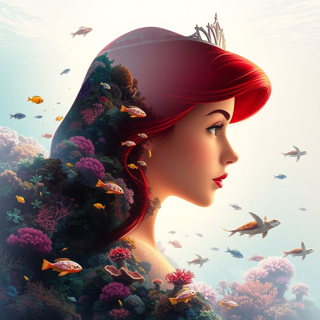 Princess Ariel Double Exposure Portrait with Coral Reef