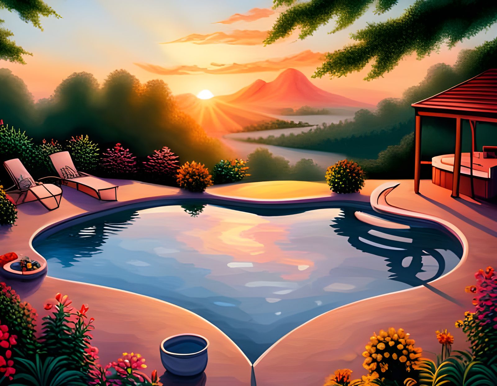 Heart-Shaped Pool Home in Glittering Sunset