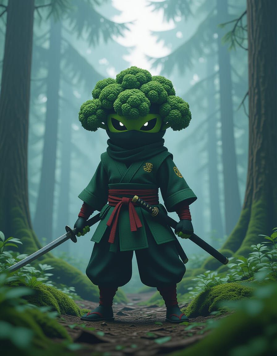 Broccoli Ninja Hero in Misty Forest, Anime Style