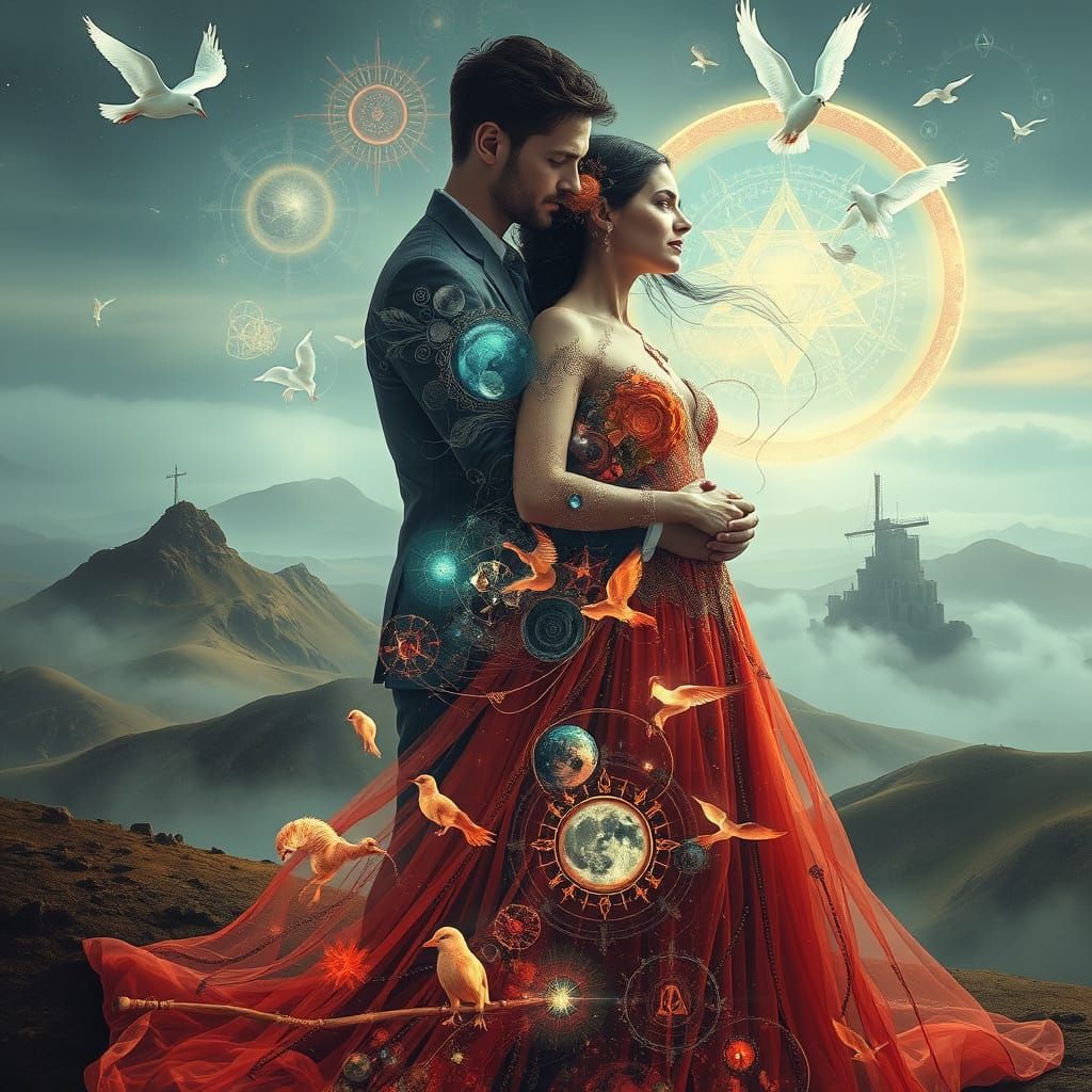 Dreamlike Mindscape of Intertwined Figures in Surreal Art