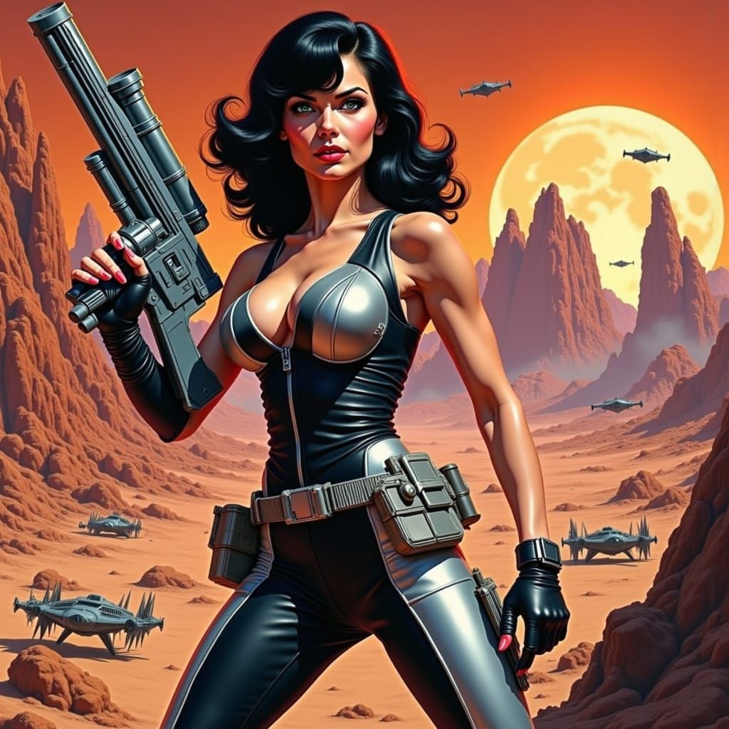 Beautiful Dark-Haired Woman Hides Behind Alien Desert Boulde...