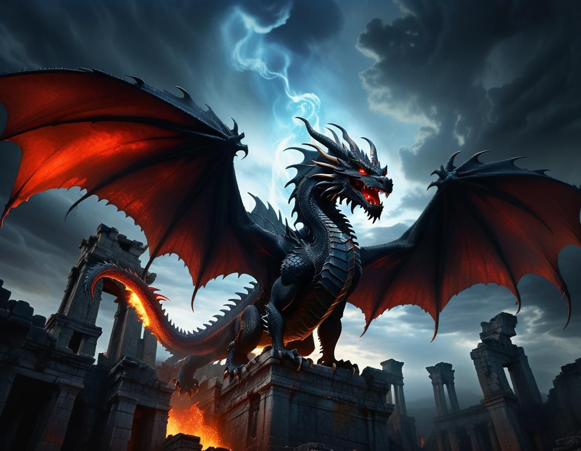 Majestic Black Dragon Amidst Burning Ruins