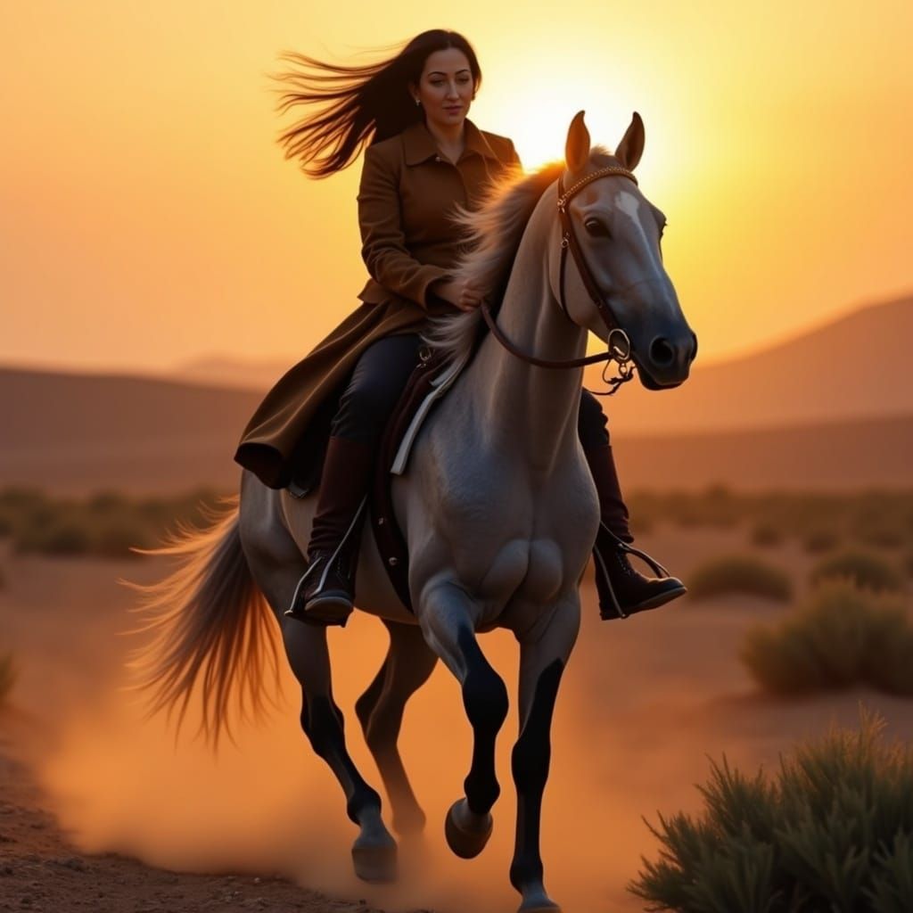 Woman Rides Horse in Desert Sunset: Glamour Portrait