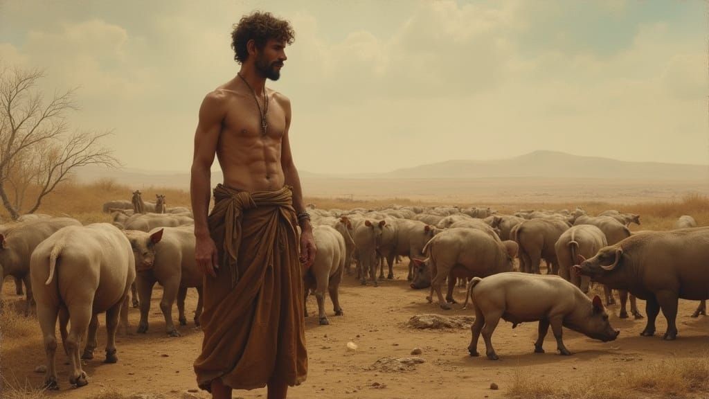 Gaunt Man Among Pigs in Desolate Landscape