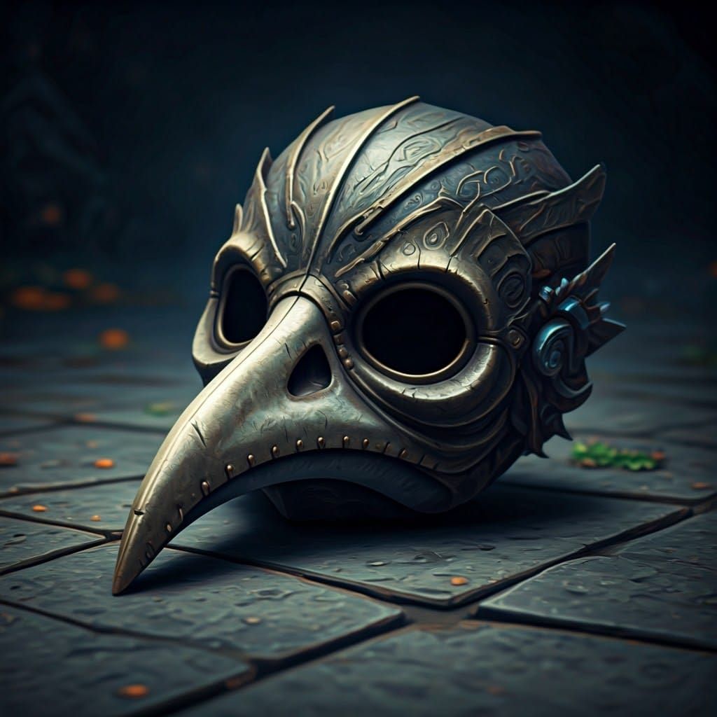 A Broken Plague Doctor Mask Lies on the Ground in a 3D Gamin...