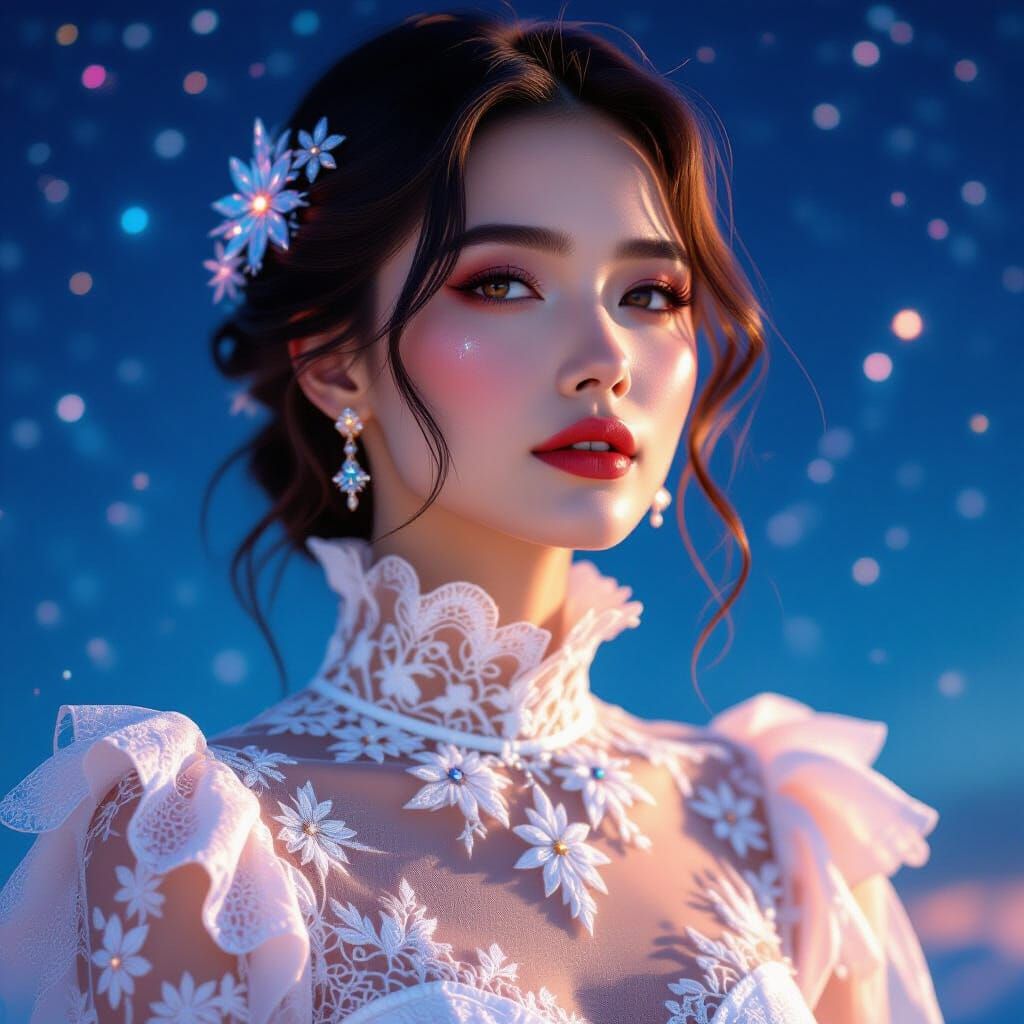 Woman in Lace Sleeves Against Cosmic Skies