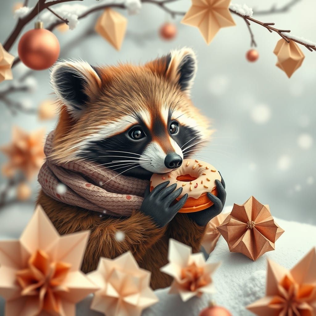Cozy Christmas Raccoon Treats Donut on Snowy Eve