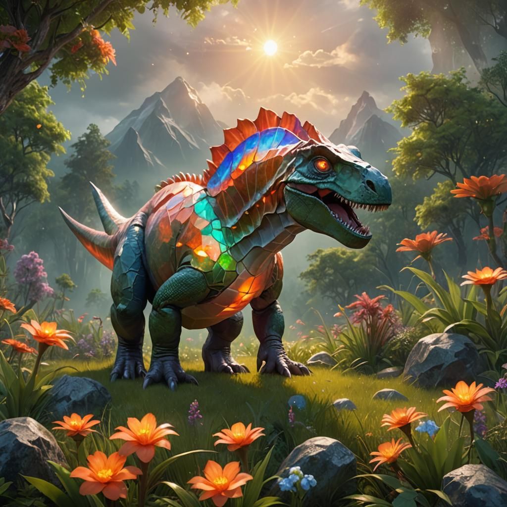 Vibrant Faceted Dinosaur in a Misty Meadow
