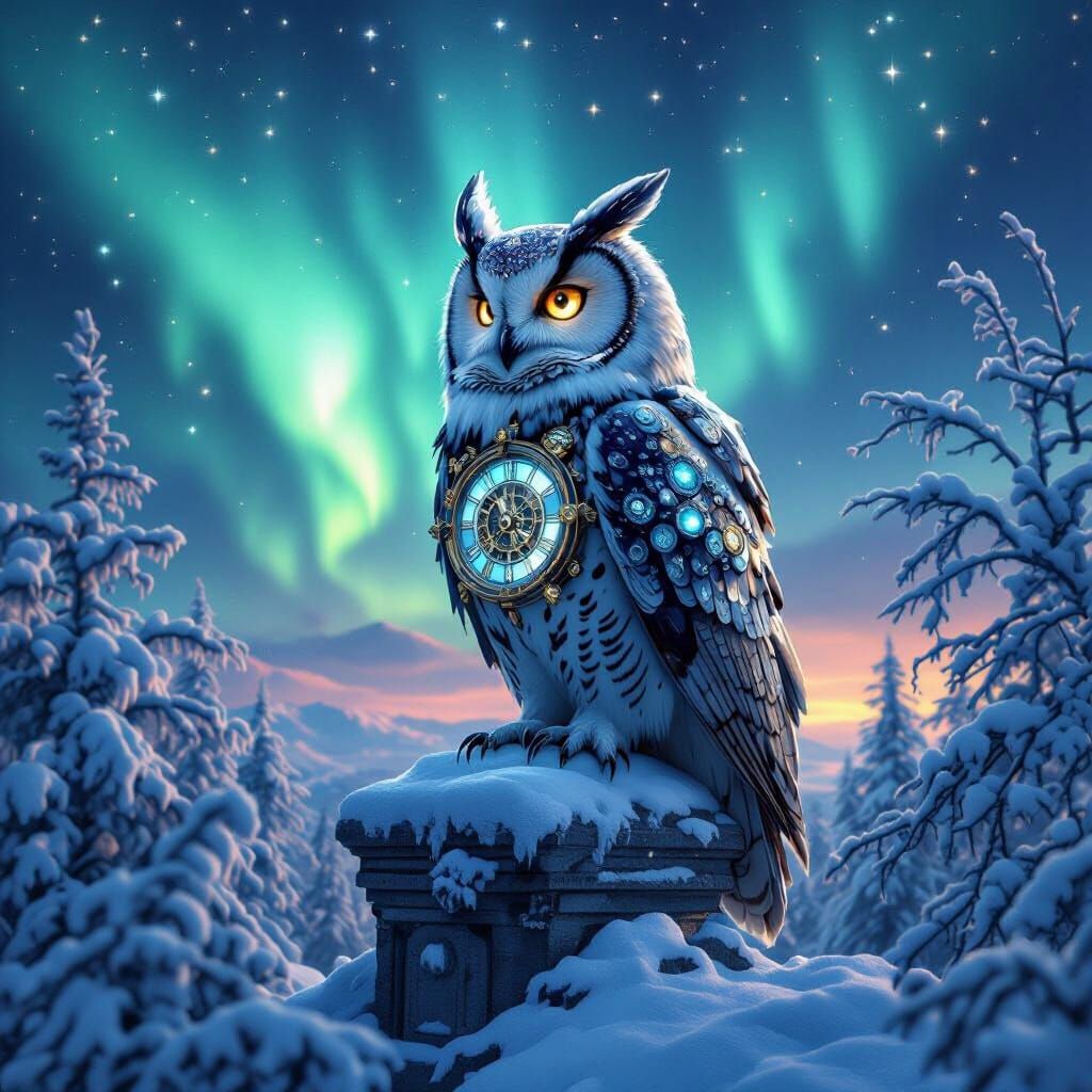 Clockwork Owl Gazing at Aurora Borealis