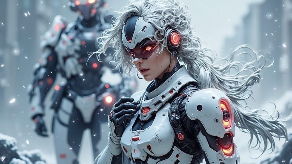 Snowy Ruins - Warrior Woman and Polar Bear Cyborg in a Futur...