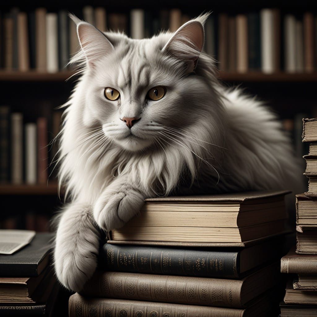 Majestic Angora Cat in Golden Light, Charcoal Drawing