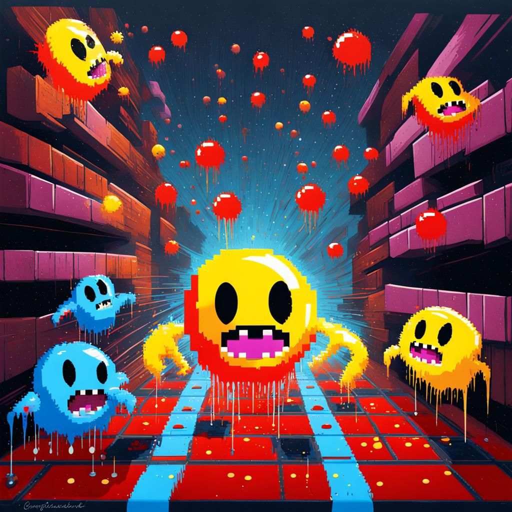 Classic Retro Arcade Ultra8k Definition Hyperreal Pixelated Space Invaders In 8k Chasing PacMan Across The Game Screen F...