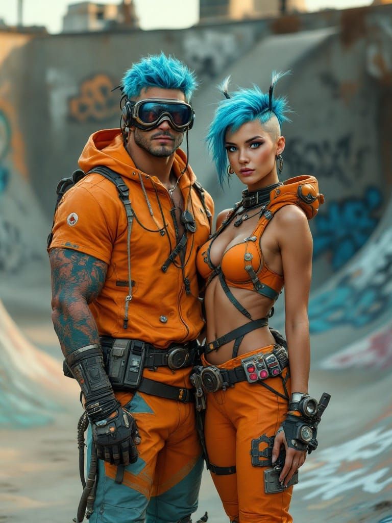Cyberpunk Couple in Skatepark, Photographic Realism