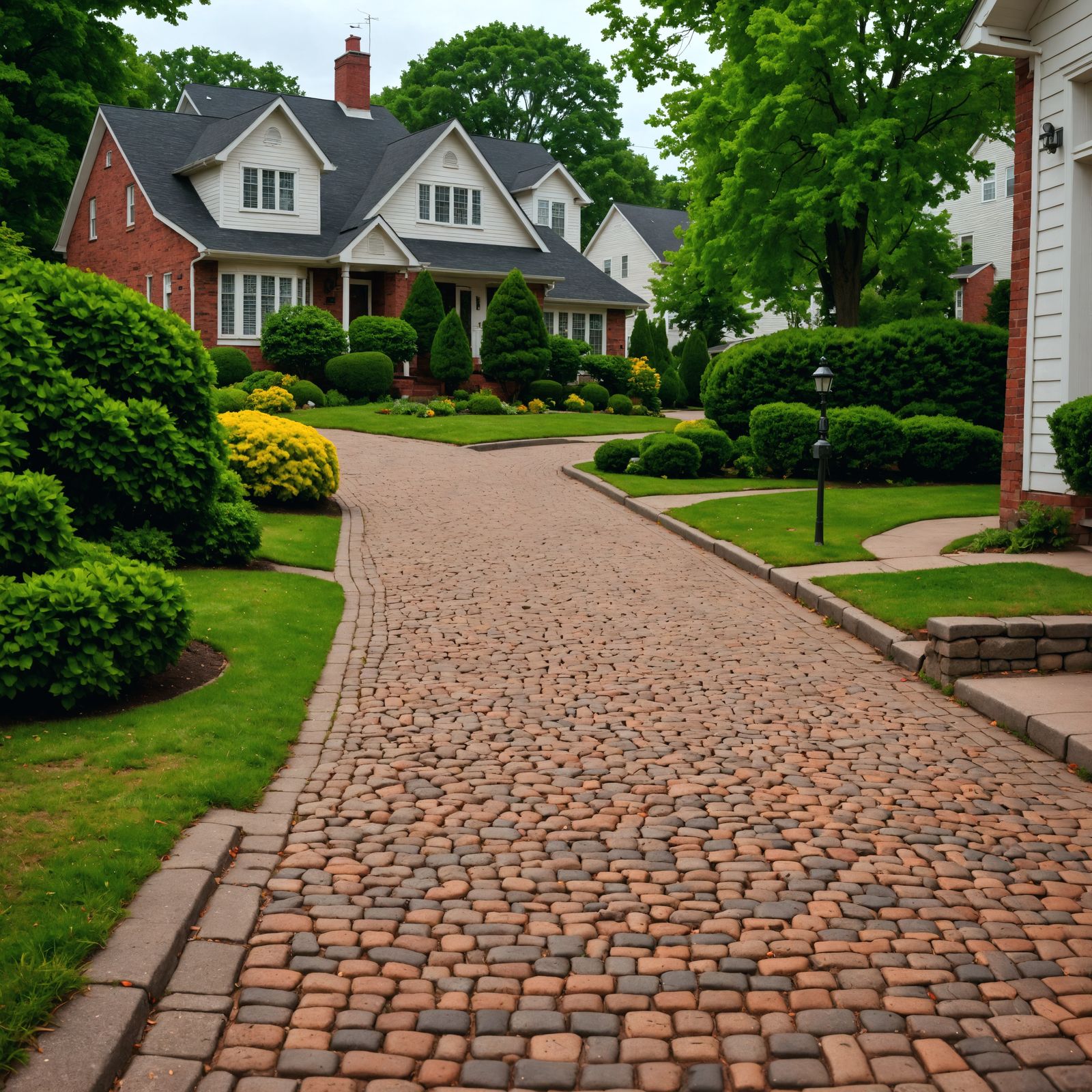 Hyperrealistic Cobblestone Street in Suburbia