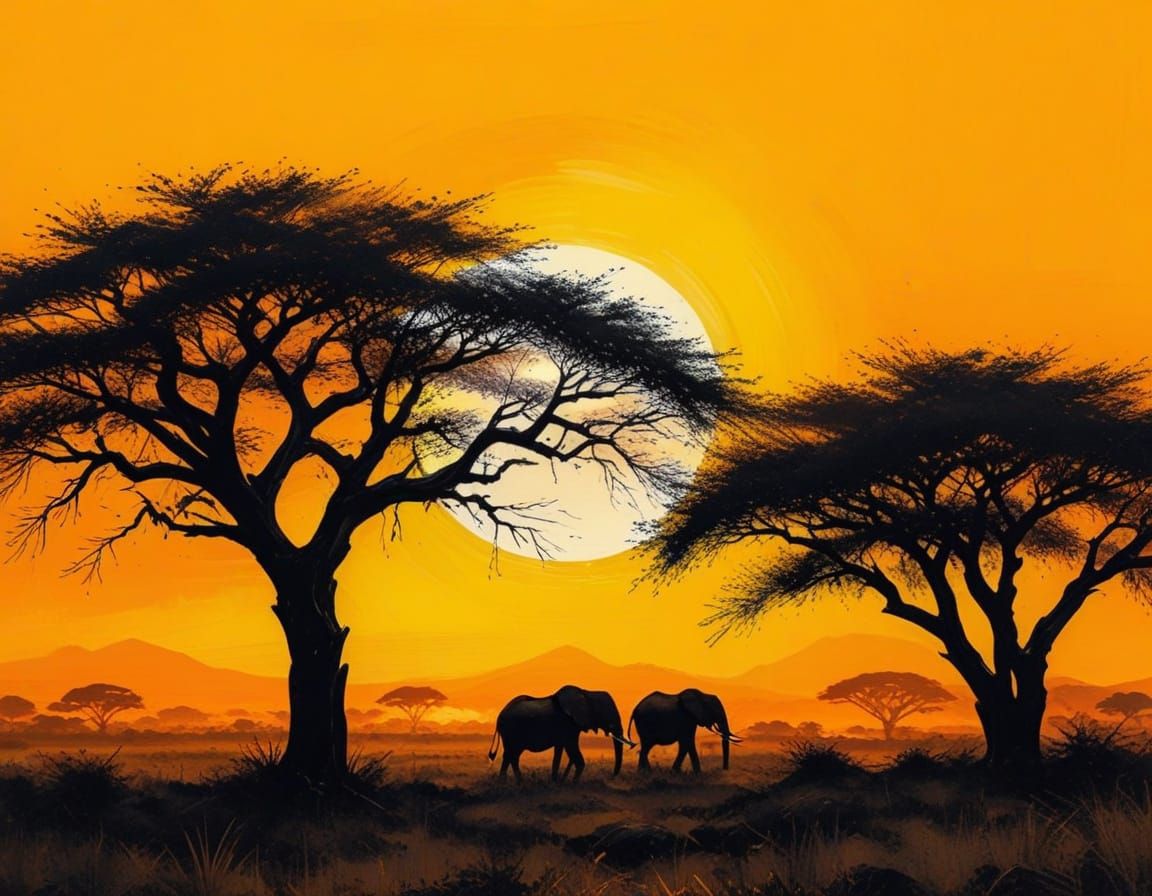African Savannah Sunset in Modern Ink Painting Style