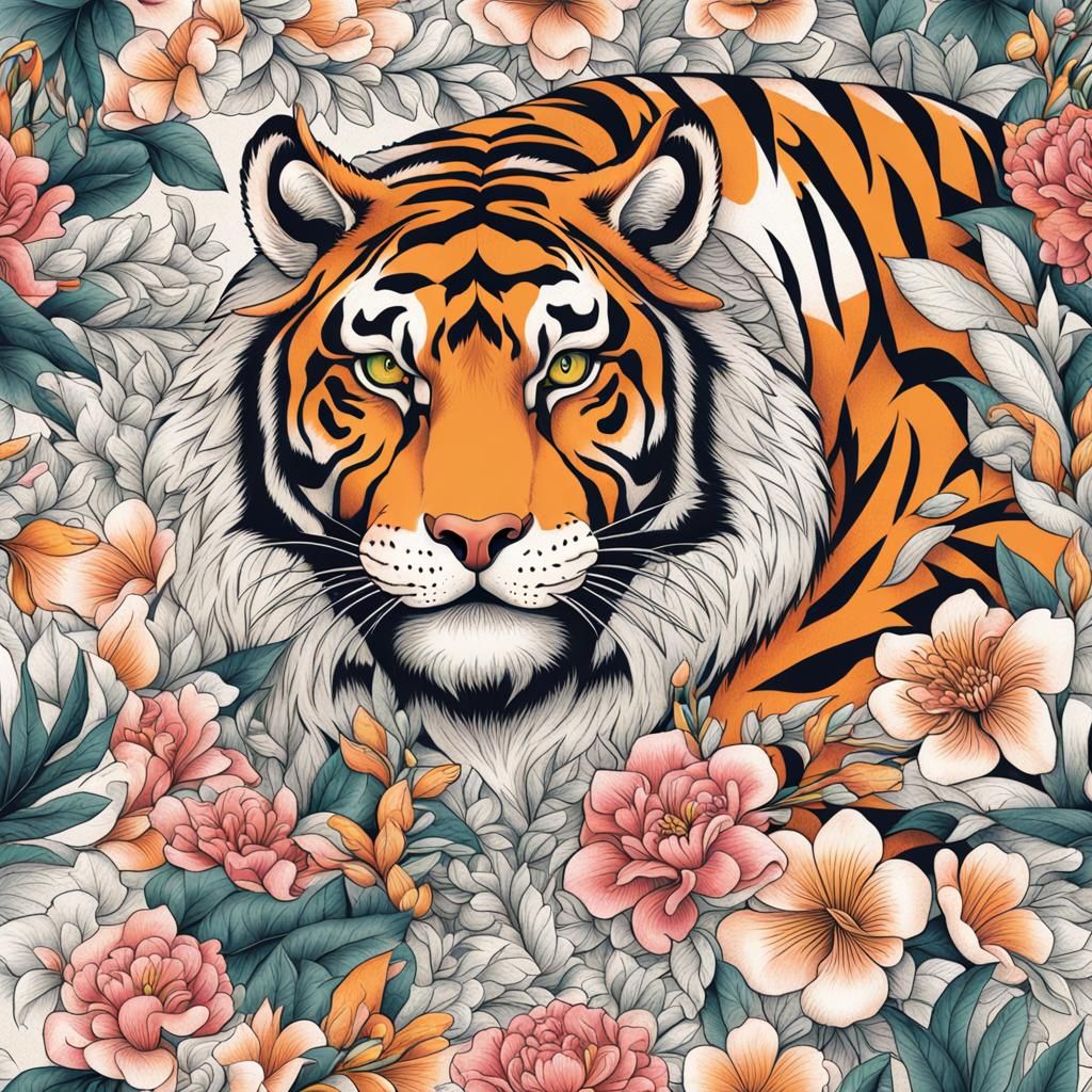 Tiger in Jungle with Tattoo Pattern Fur