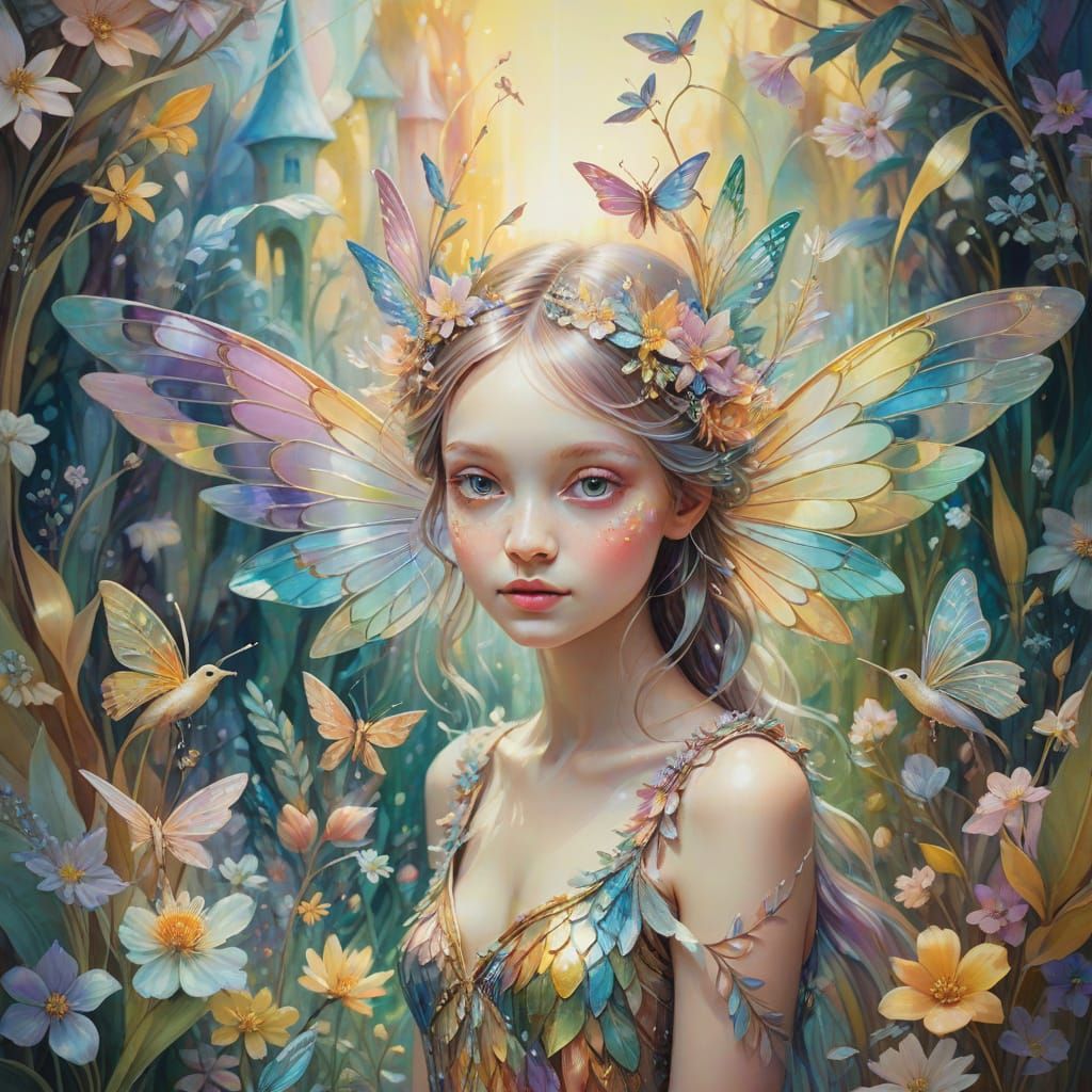 Magical Fairy in Surrealist Garden with Rainbow Wings