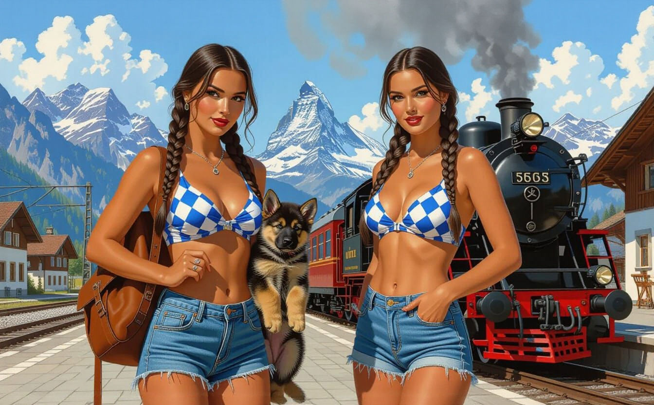 Women with Puppy and Backpack Beside Steam Locomotive