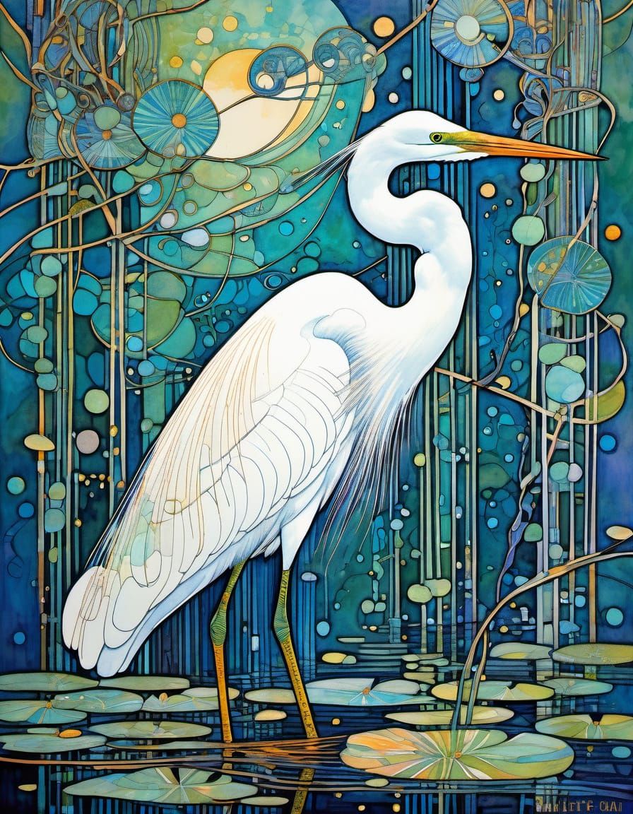 Great Egret in Art Nouveau Style