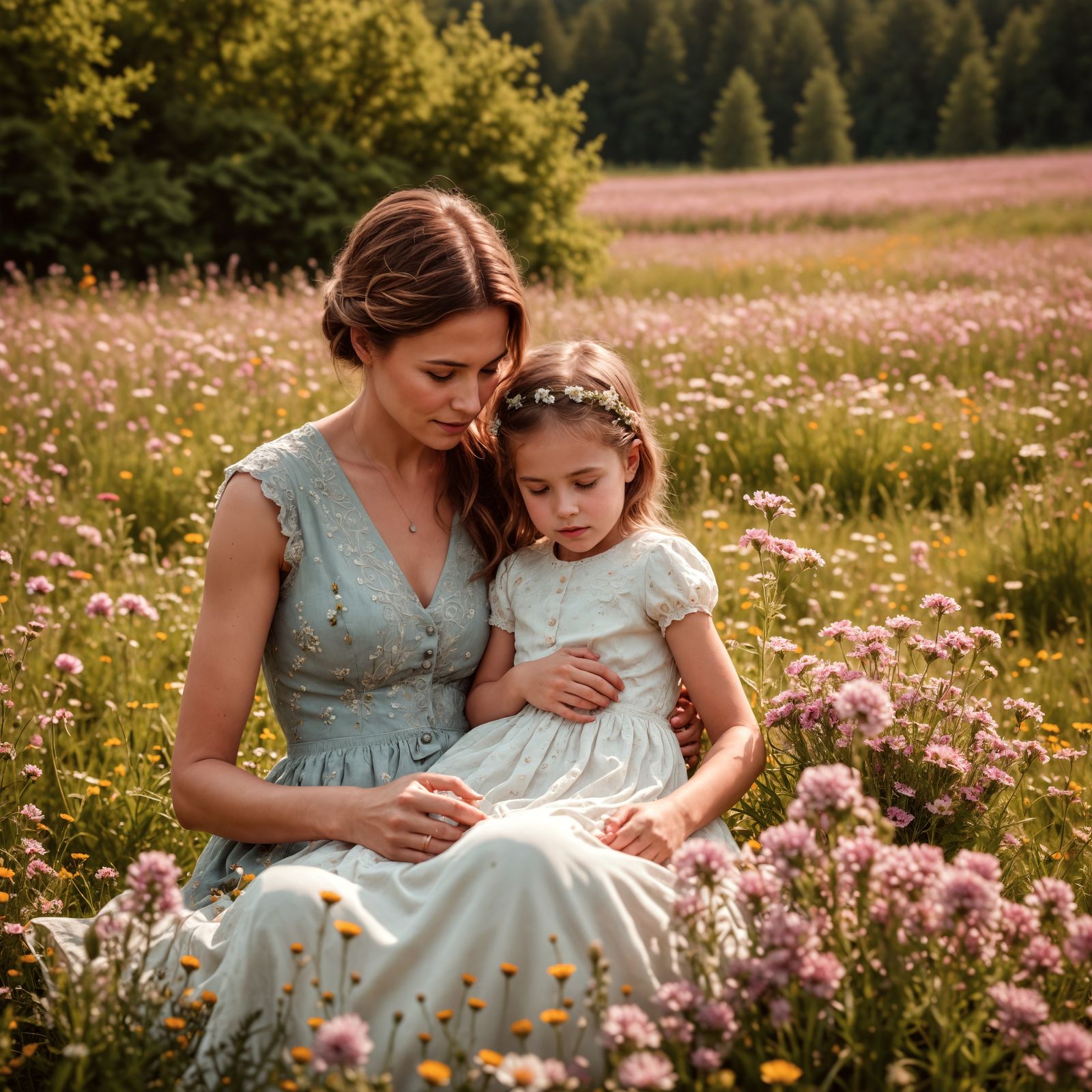 Mother and Daughter in Vibrant Floral Meadow