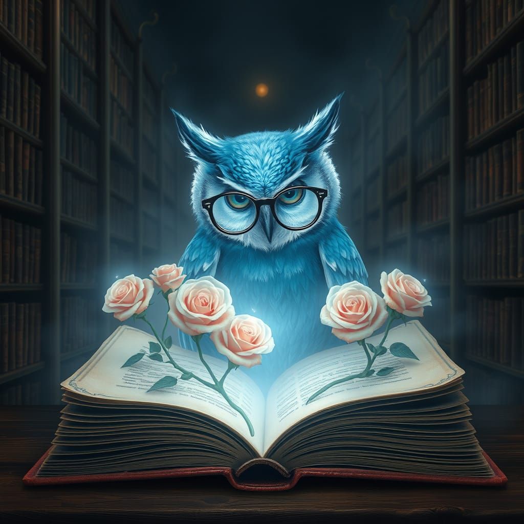 Magical Owl Reading Book in Dimly Lit Library