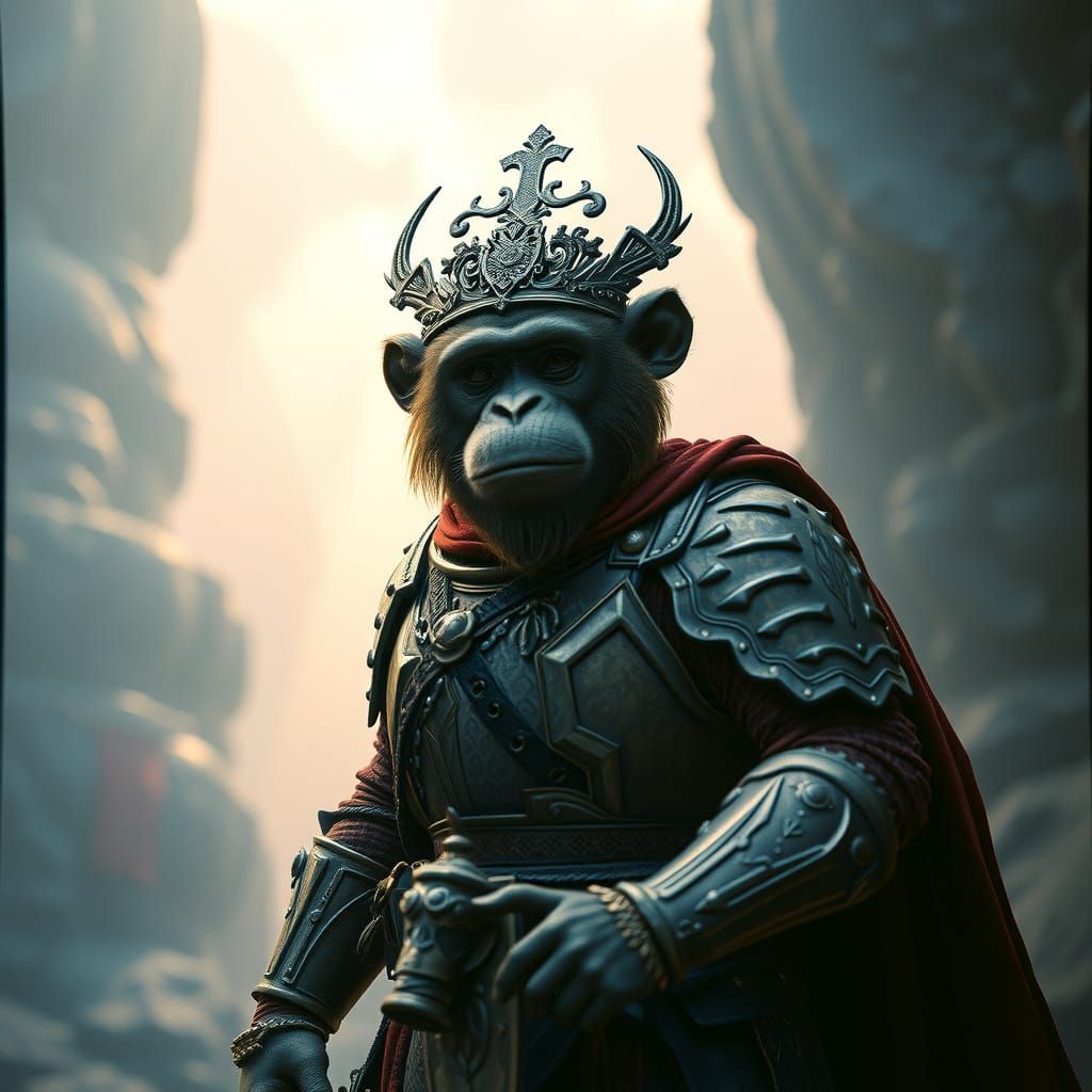 Heroic Monkey Paladin in Mystical Fantasy Realm
