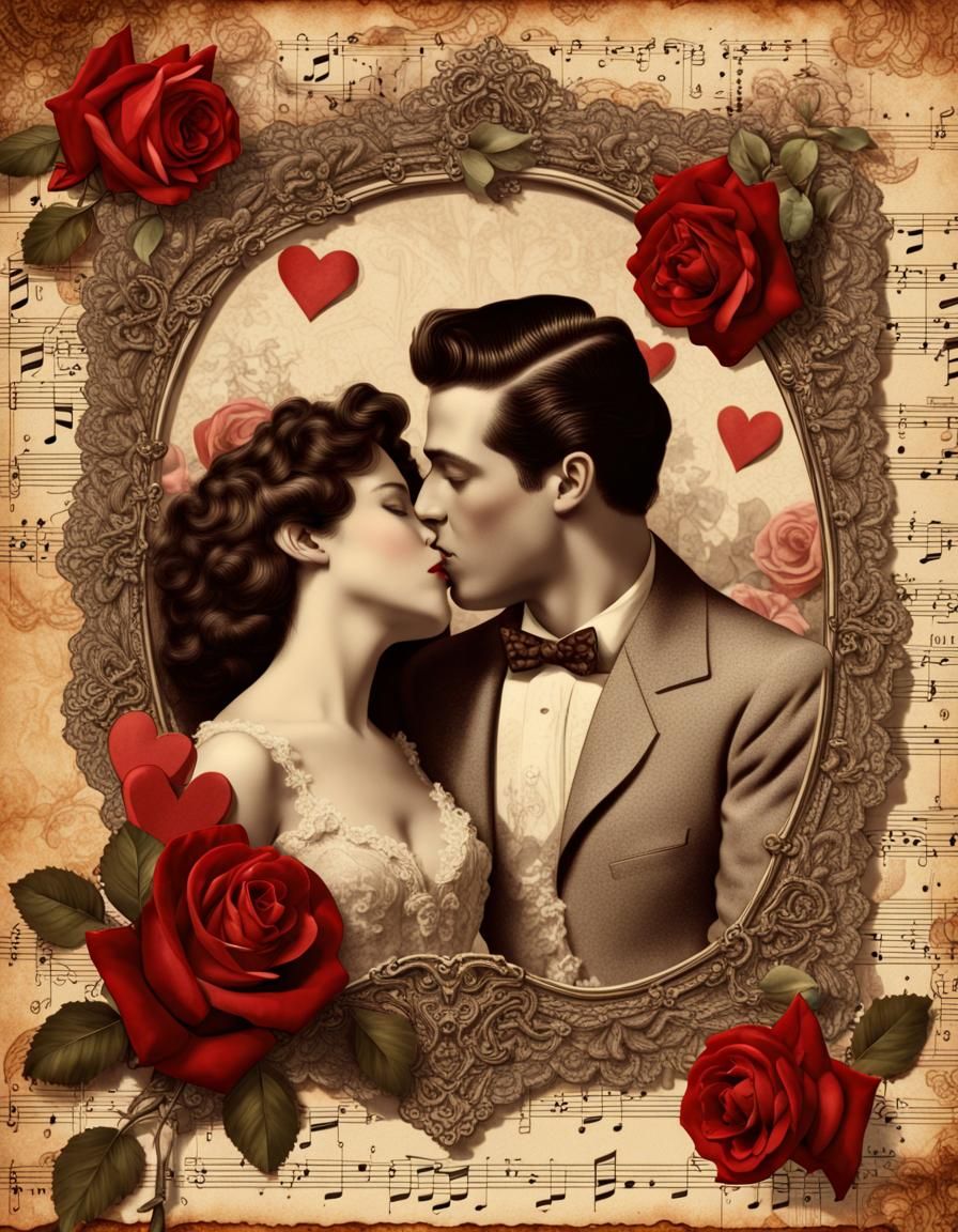 Vintage Valentine's Kissing Couple: Detailed Matte Painting