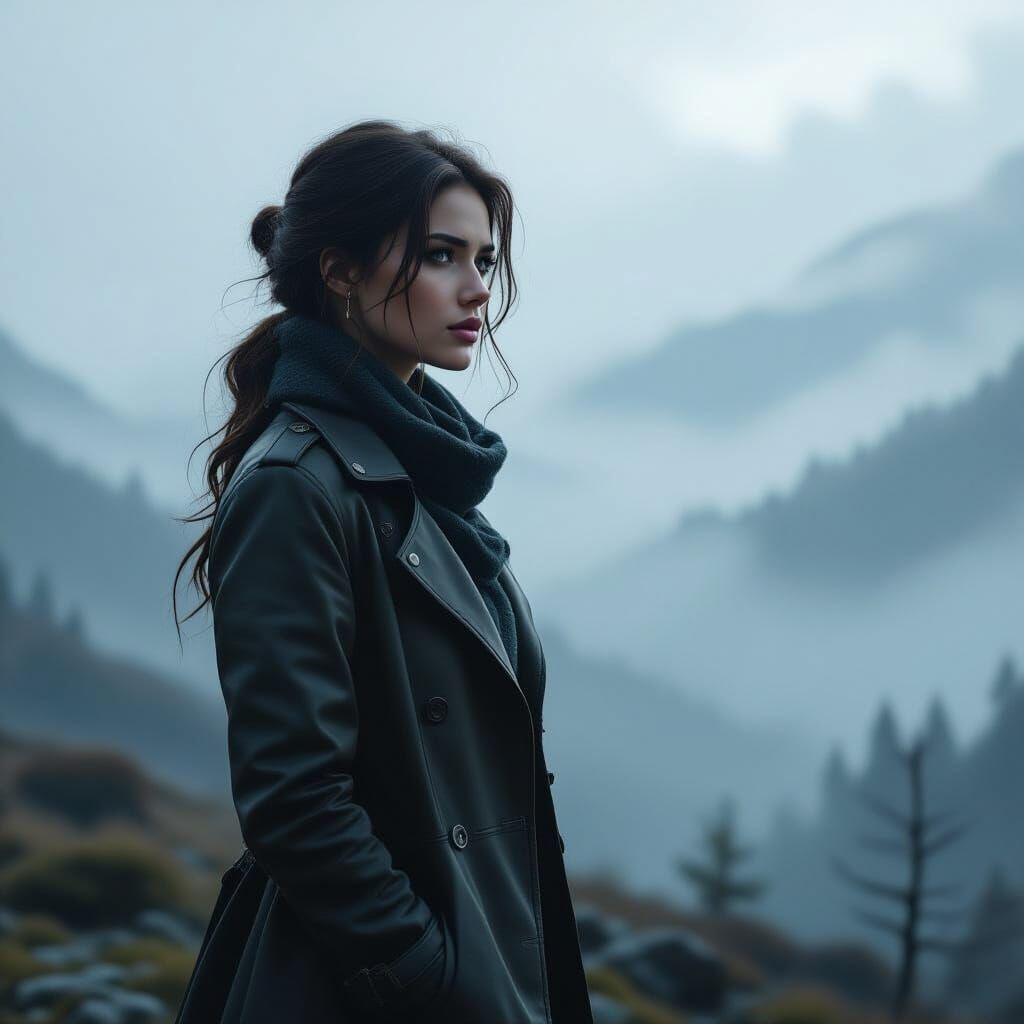 Contemplative Woman in Misty Landscape, Digital Art