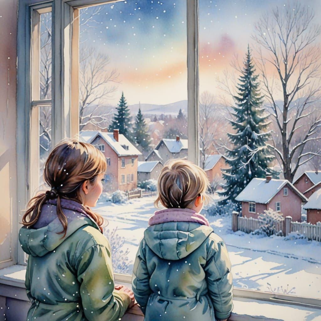 Mother and Child Gaze at Winter Wonderland in Soft Watercolo...