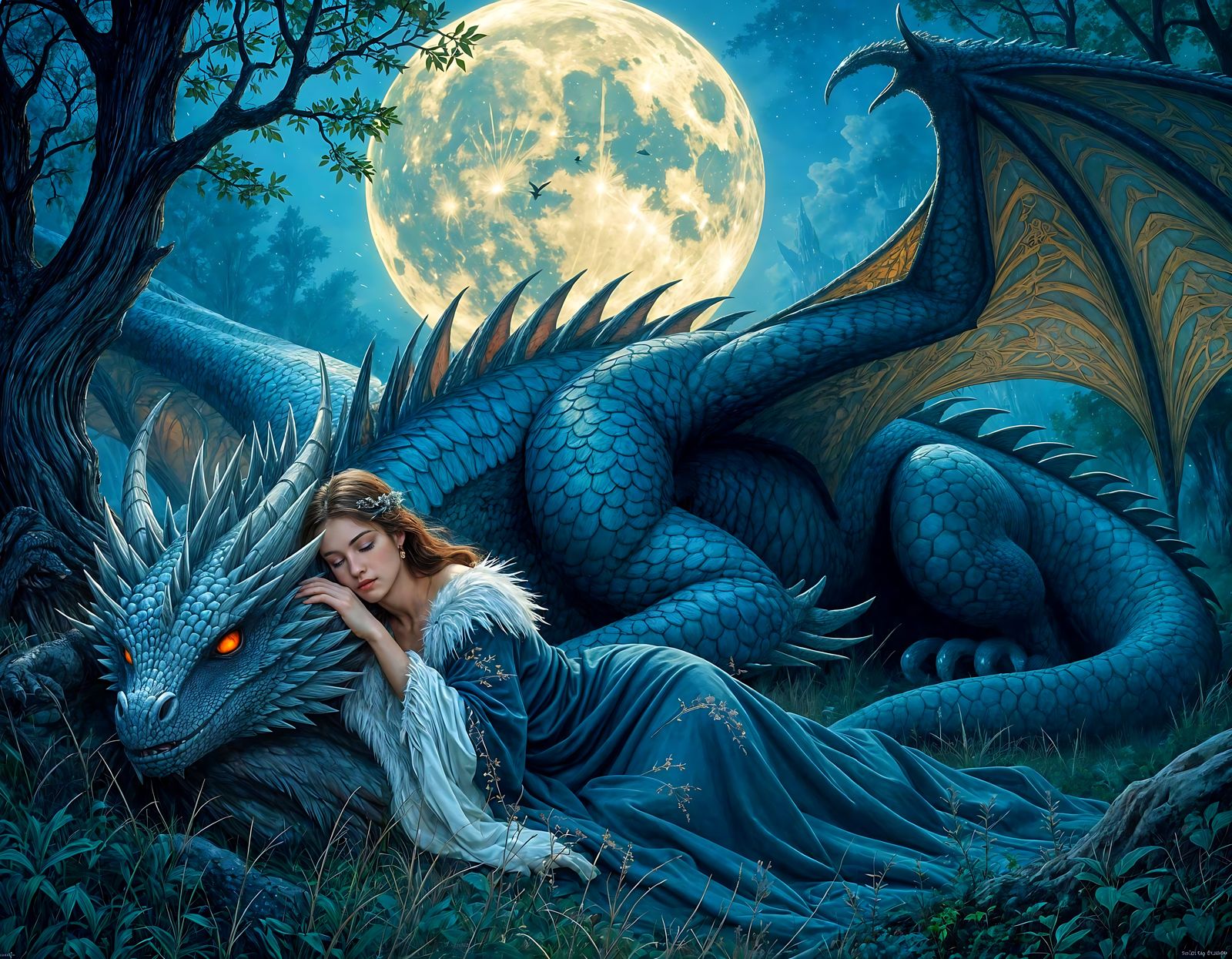 Woman and Dragon in Ethereal Fantasy Forest