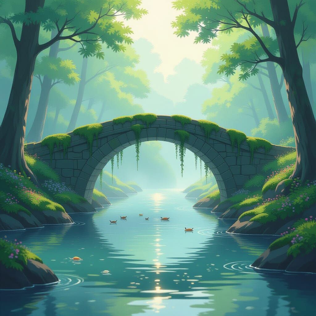 Anime Style Ancient Mossy Bridge Over Calm River