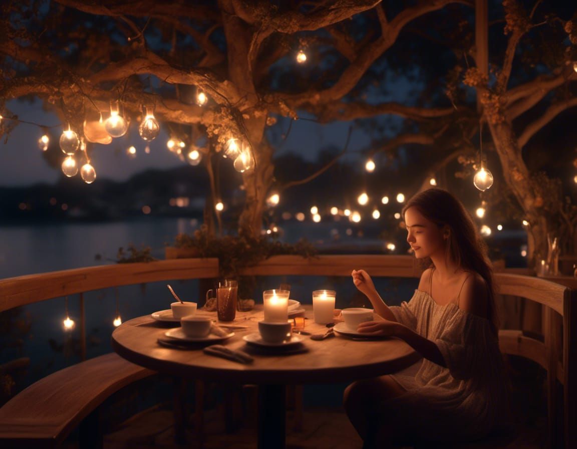 Nude Girl Dines Alone at Night: Candlelight Portrait
