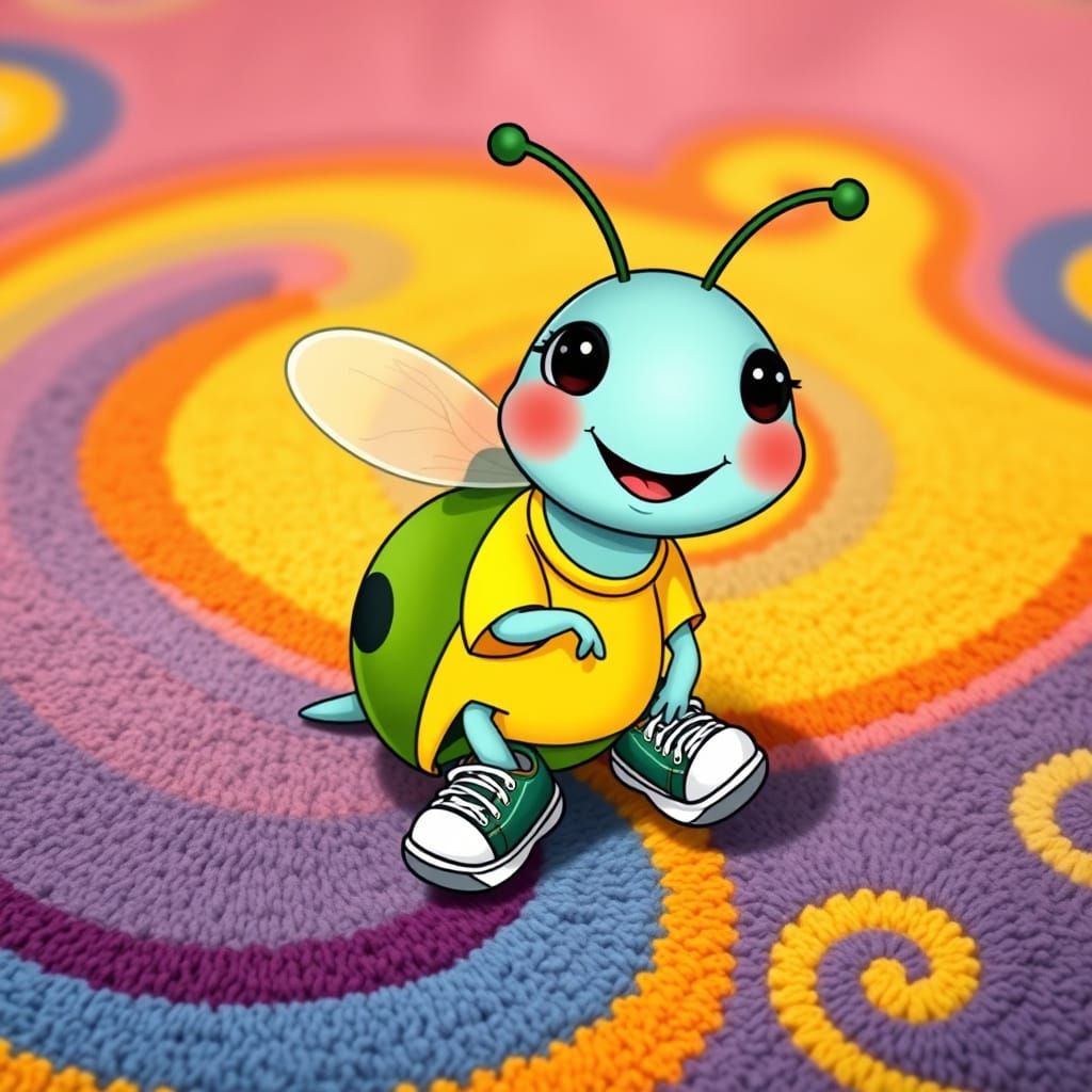 Cartoon Bug on Colorful Rug, Whimsical Animation Style