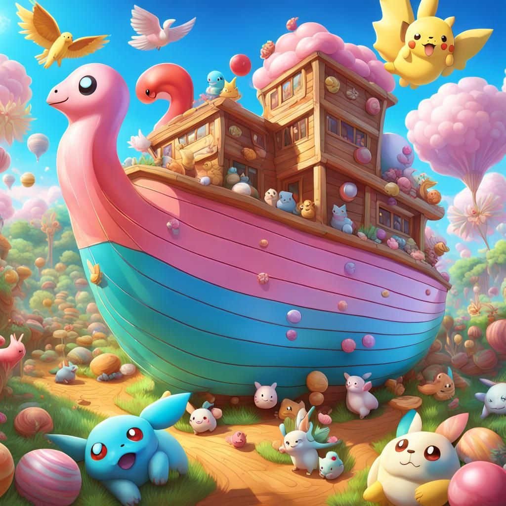 Pokemon on Noah's Ark in Candy Art Style