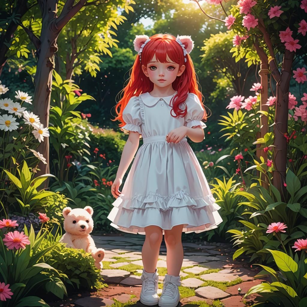 Anime Girl with Bear Ears in Synthwave Garden