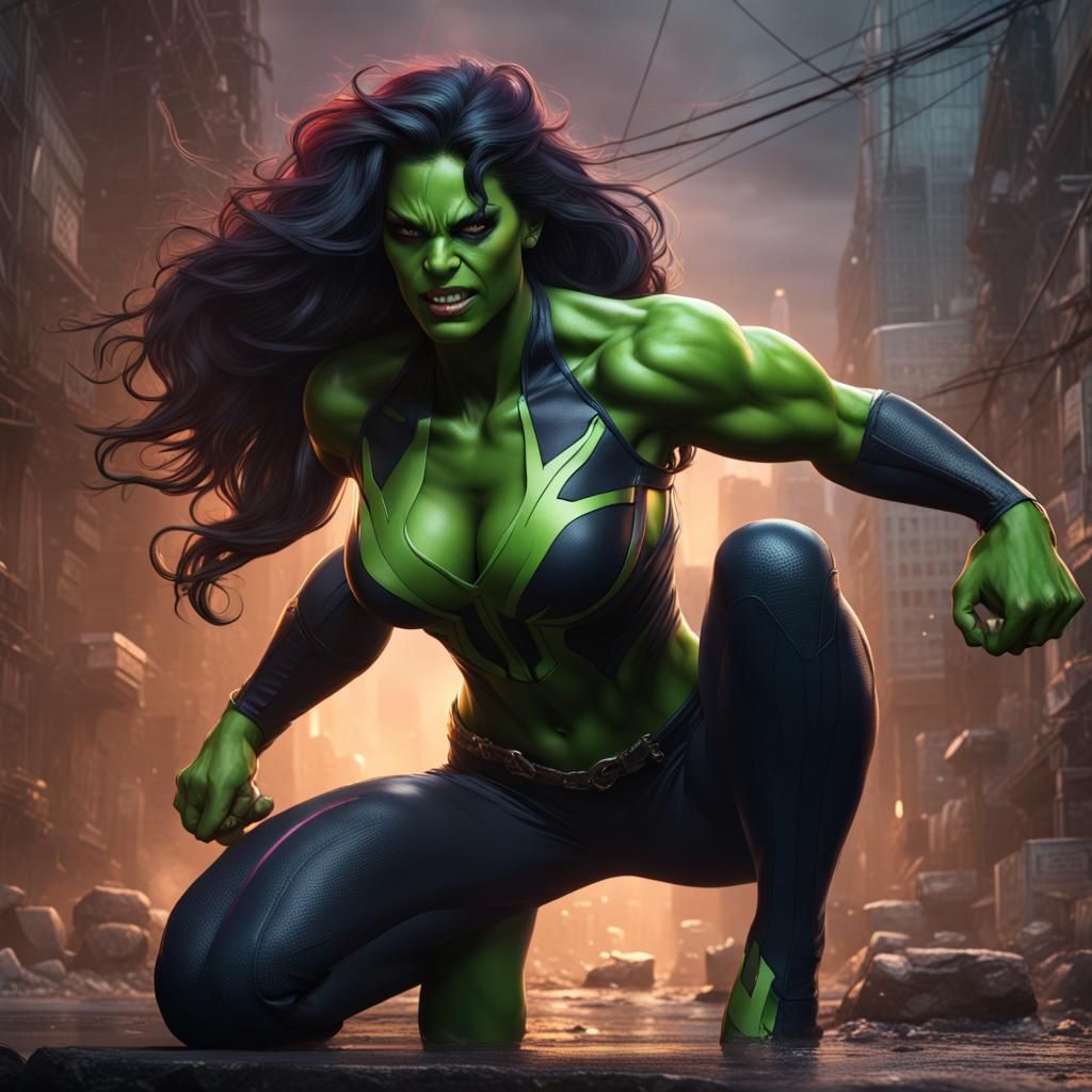 She-Hulk as Venom in Detailed Digital Painting