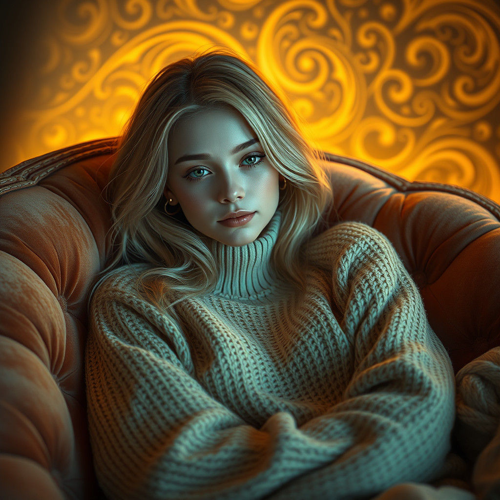 Blond Woman in Angora Sweater Lounging in Fantasy Realm