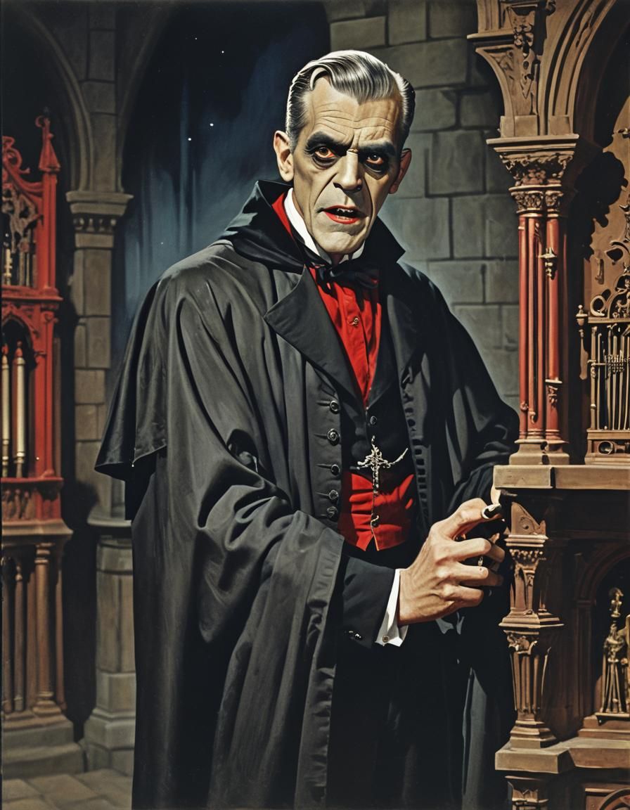 Victorian Vampire Portrait Playing Organ in Red and Black