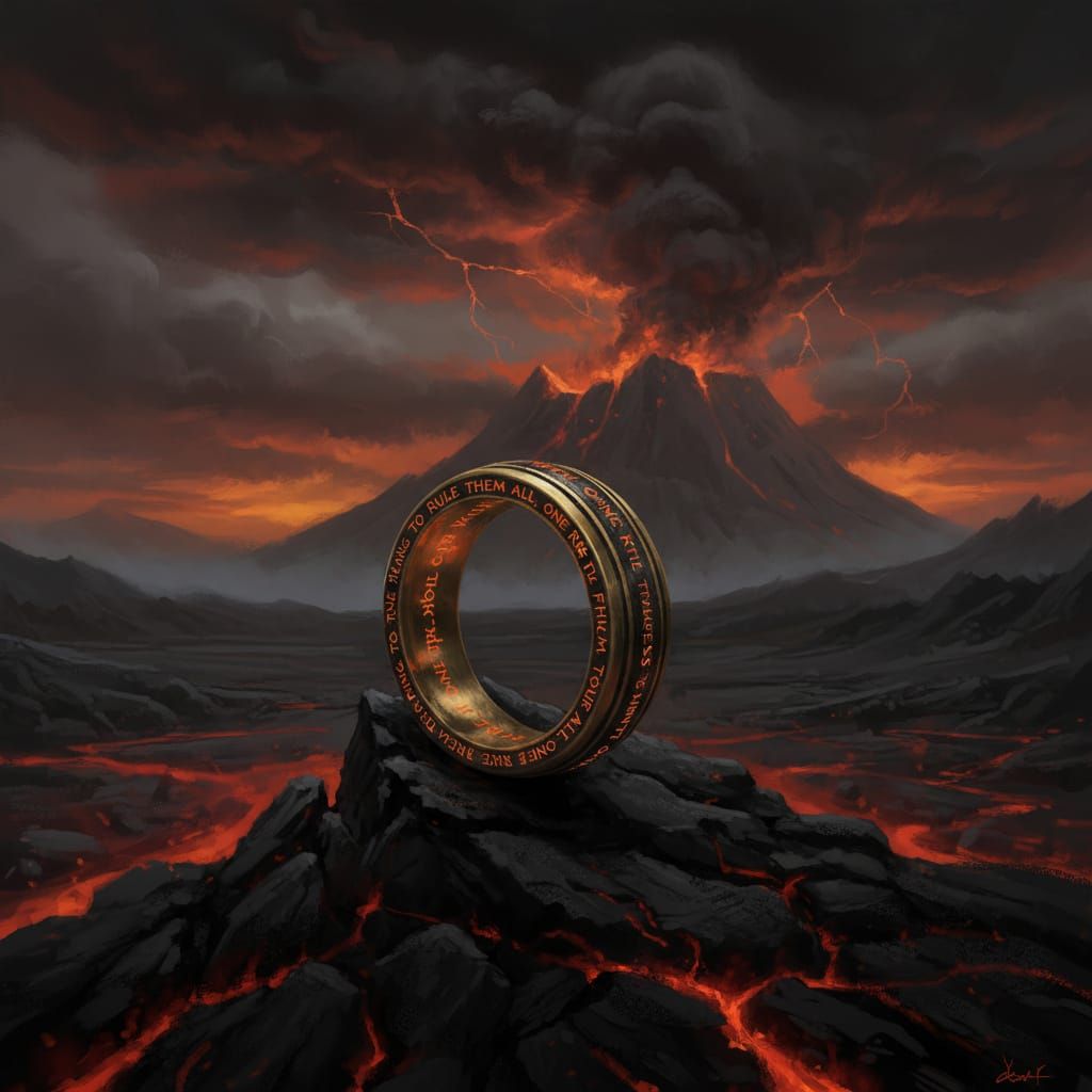 Glowering Elvish Ring on Volcanic Rock in Dark Fantasy Style