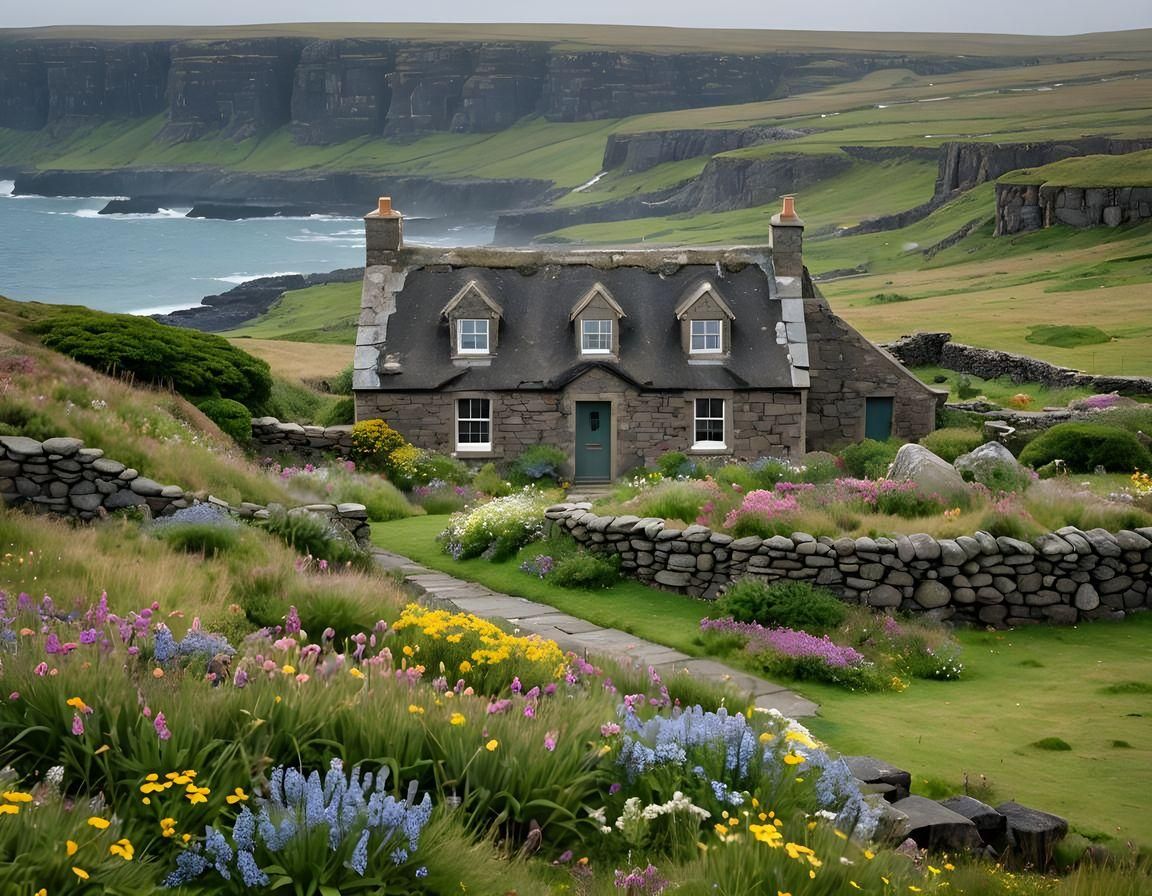Orkney Cottage on Rugged Coastline as Romantic Painting