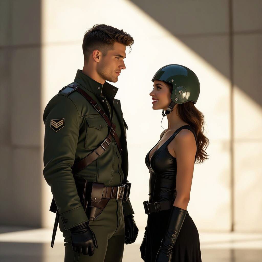 Futuristic Soldier and Approaching Woman: Cinematic Scene