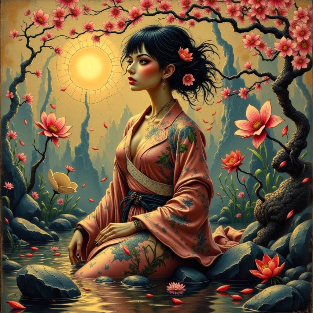 Celestial Tattoo on Silk Robe by Misty Lake